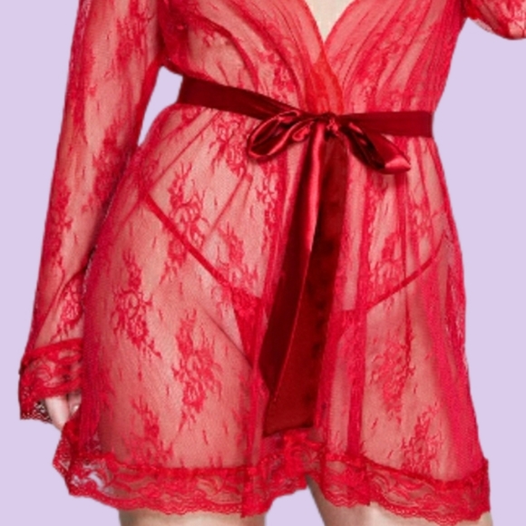 Red Sheer Lace Robe Butterfly Sleeves With Satin Waist Tie - Picture 5 of 7